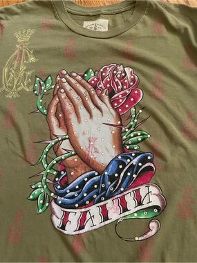 Christian Audigier Y2K Graphic Prayer Hands rhinestone tshirt XL